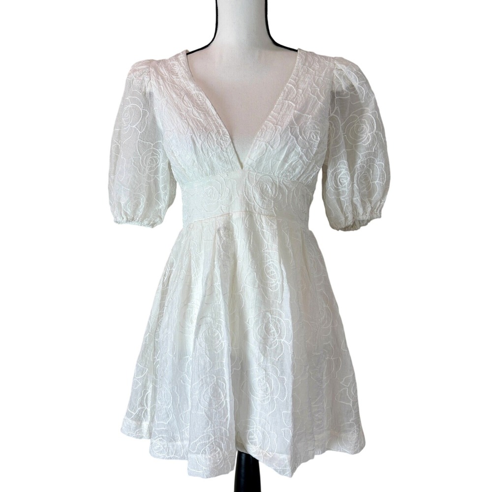 Storia White Floral Mini Dress Puff Sleeve V Neck Party Cocktail Romantic Medium